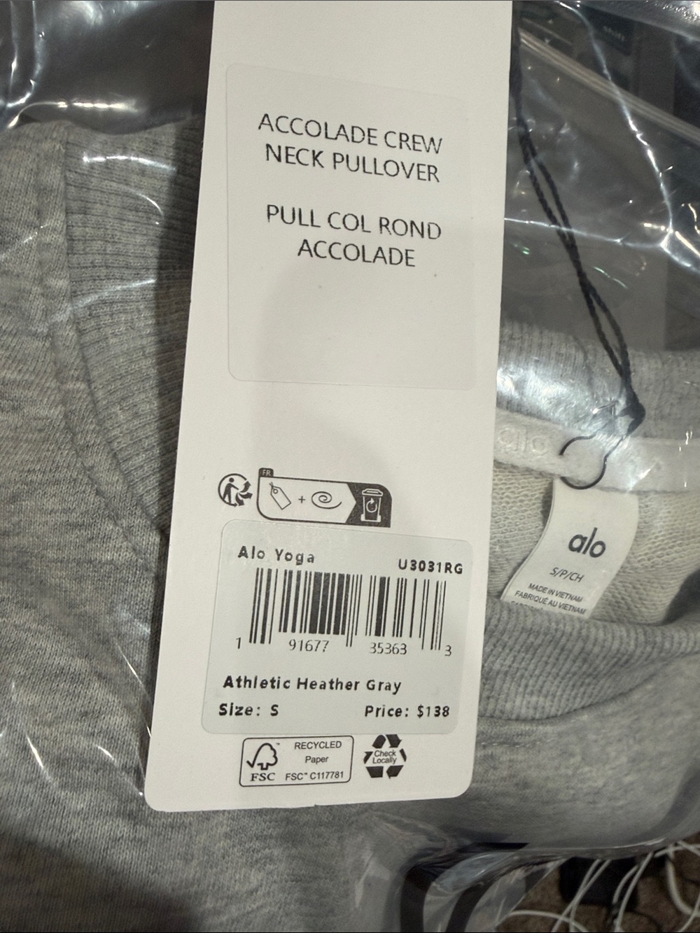 ALO Accolade Crew Neck Pullover Heather Grey- Small - Picture 5 of 5
